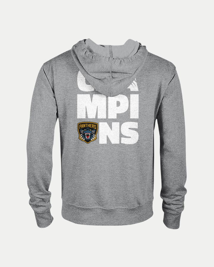 Gray recycled polyester zip hoodie, viewed from the back, displays large white "CHAMPIONS" text and the Nottingham Panthers hockey team logo underneath. Official Nottingham Panthers 2026 Challenge Cup Champions apparel.