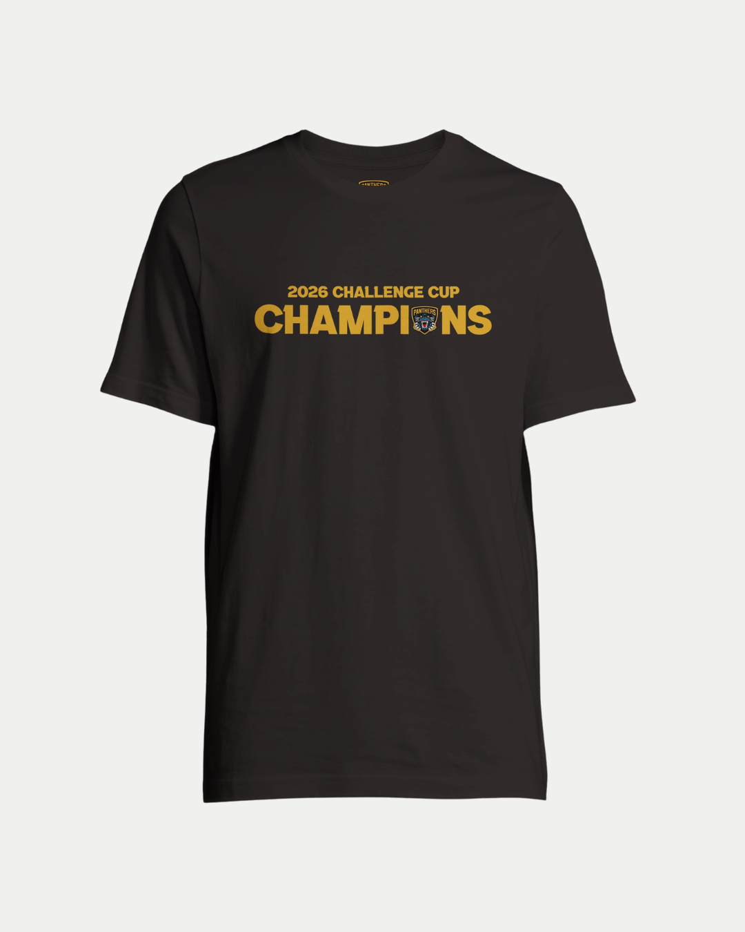 The Nottingham Panthers 2026 Challenge Cup Champions T-Shirt Black is a unisex, eco-friendly tee with yellow "2026 Challenge Cup Champions" text and a small shield logo between "Cup" and "Champions.