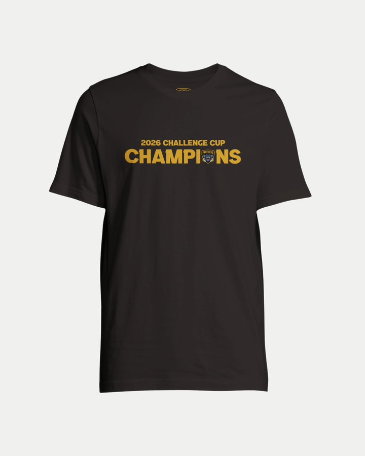 The Nottingham Panthers 2026 Challenge Cup Champions T-Shirt Black is a unisex, eco-friendly tee with yellow "2026 Challenge Cup Champions" text and a small shield logo between "Cup" and "Champions.