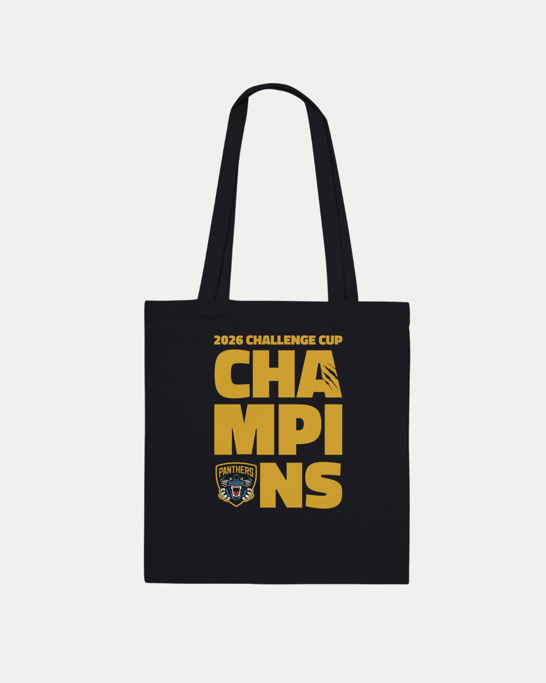 The Nottingham Panthers 2026 Challenge Cup Champions Tote Bag features bold yellow text and a team logo on black cotton—ideal for eco-conscious Nottingham Panthers fans.