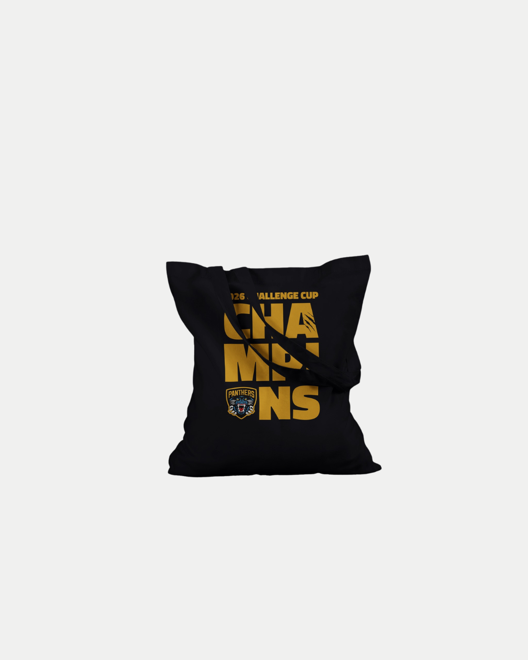 The Nottingham Panthers 2026 Challenge Cup Champions Tote Bag is a black eco-friendly cotton bag with bold yellow "CHAMPIONS" and "2026 Challenge Cup" text, plus the team’s panther logo on the front.
