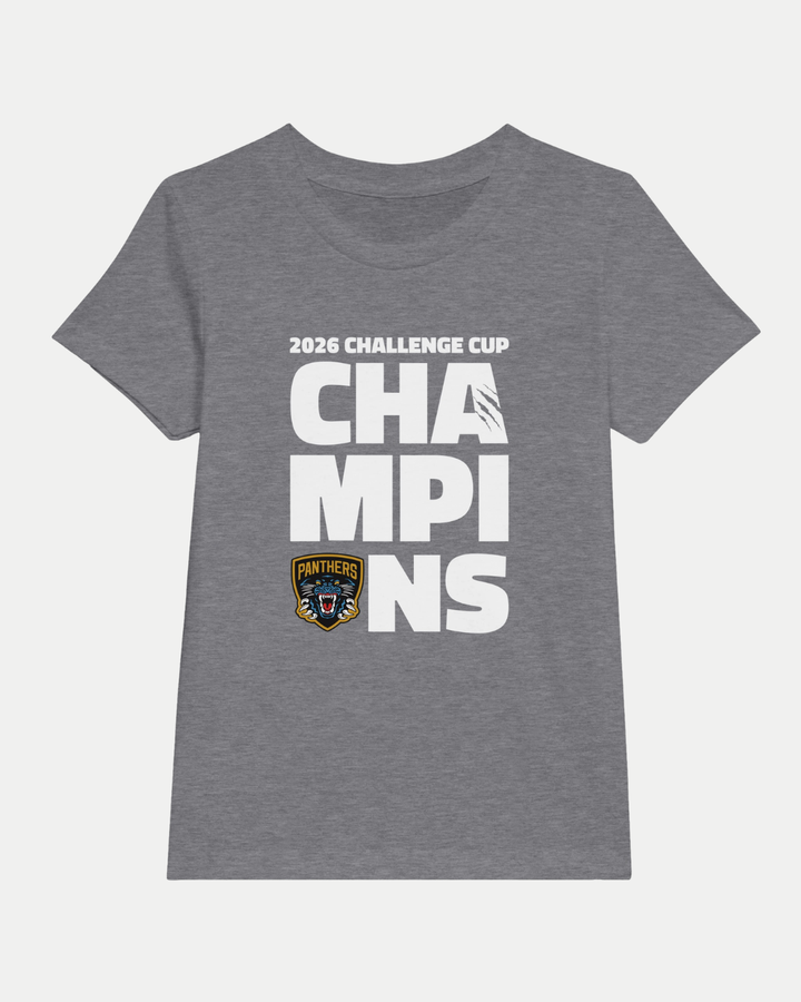 The Nottingham Panthers 2026 Challenge Cup Champions Kids Crewneck T-Shirt features bold white "2026 Challenge Cup CHAMPIONS" text and a Nottingham Panthers logo, perfect for young fans to celebrate their team's victory in comfort and style.
