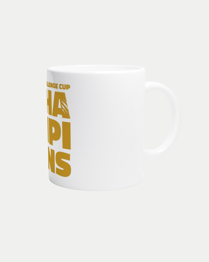 The Nottingham Panthers 2026 Challenge Cup Champions White 11oz Ceramic Mug features bold gold “CHAMPIONS” text, is microwave and dishwasher safe, and only the left side of the text is shown.