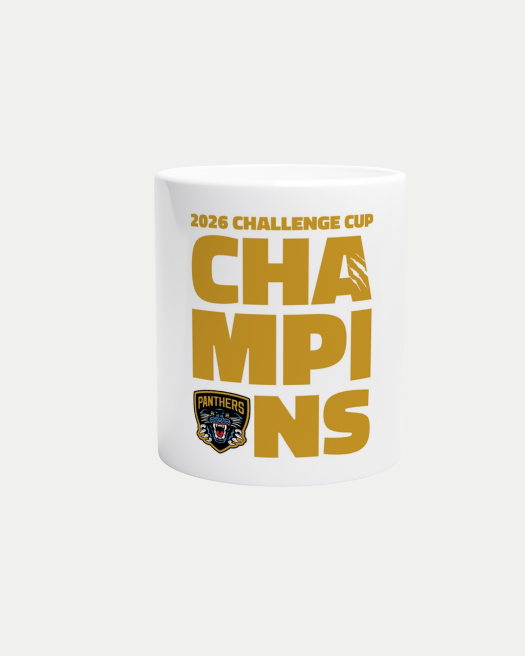 Celebrate your team's victory with the Nottingham Panthers 2026 Challenge Cup Champions White 11oz Ceramic Mug, featuring bold gold text and the Panthers logo. Dishwasher and microwave safe—ideal for daily use.