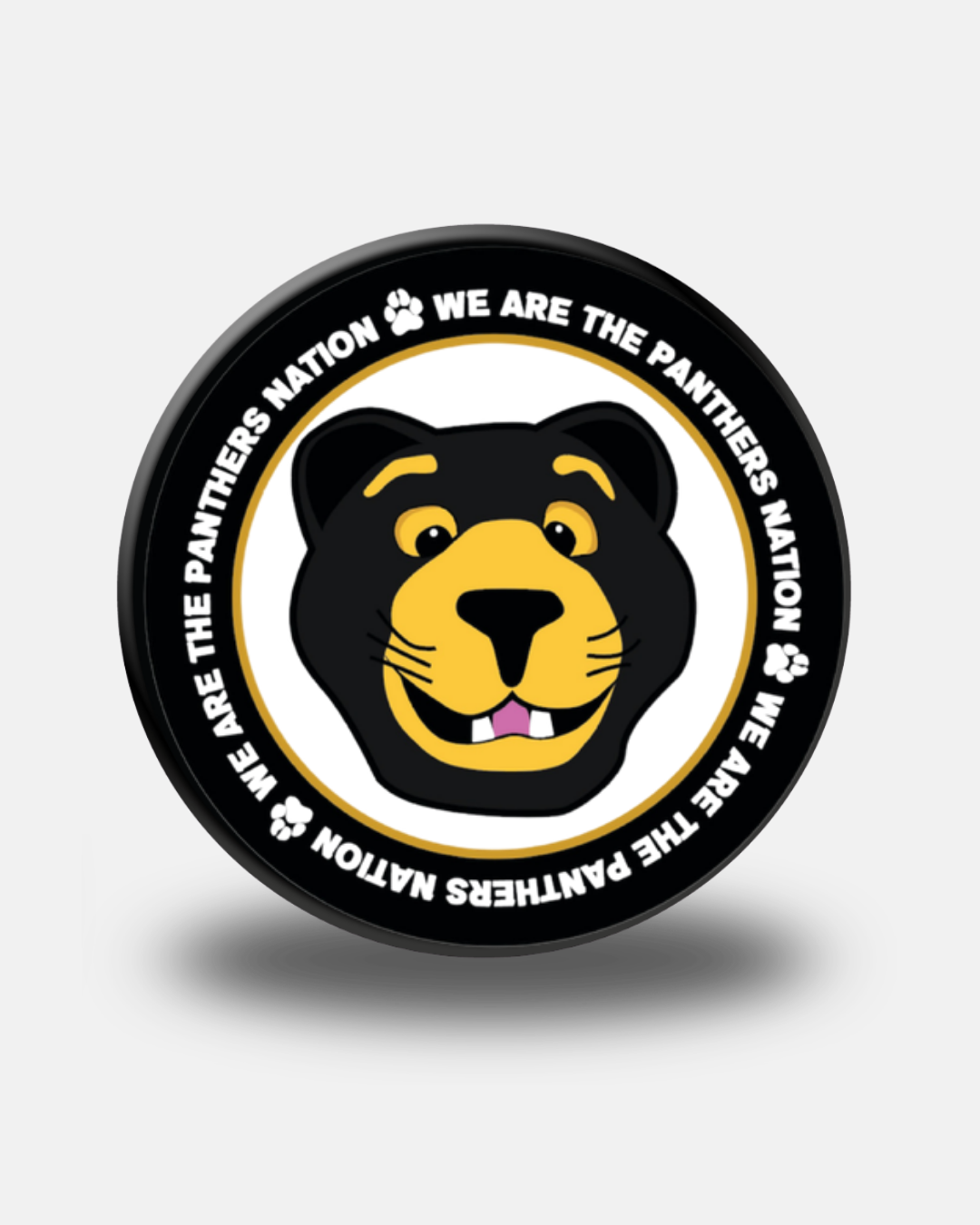 The Panthersland Nottingham Panthers 26-27 Paws Head Puck features a smiling black panther mascot illustration, framed by the text "WE ARE THE PANTHERS NATION" and small paw prints on a white circle.