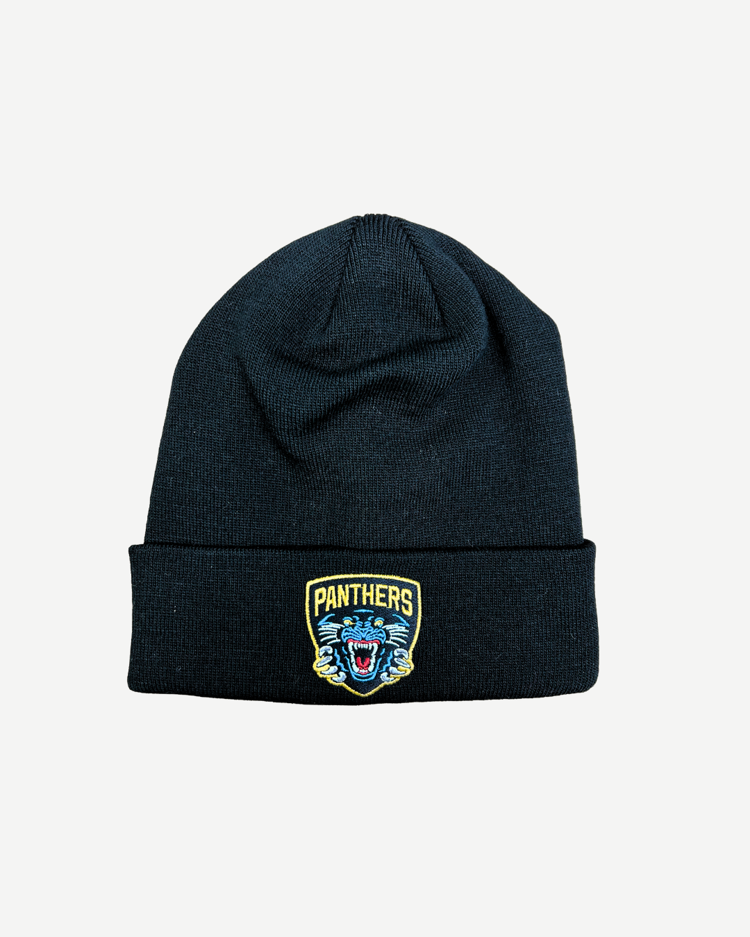 The Nottingham Panthers 2026 Black Beanie by Panthersland features a folded brim and an embroidered roaring panther crest with "PANTHERS" in yellow on the front.