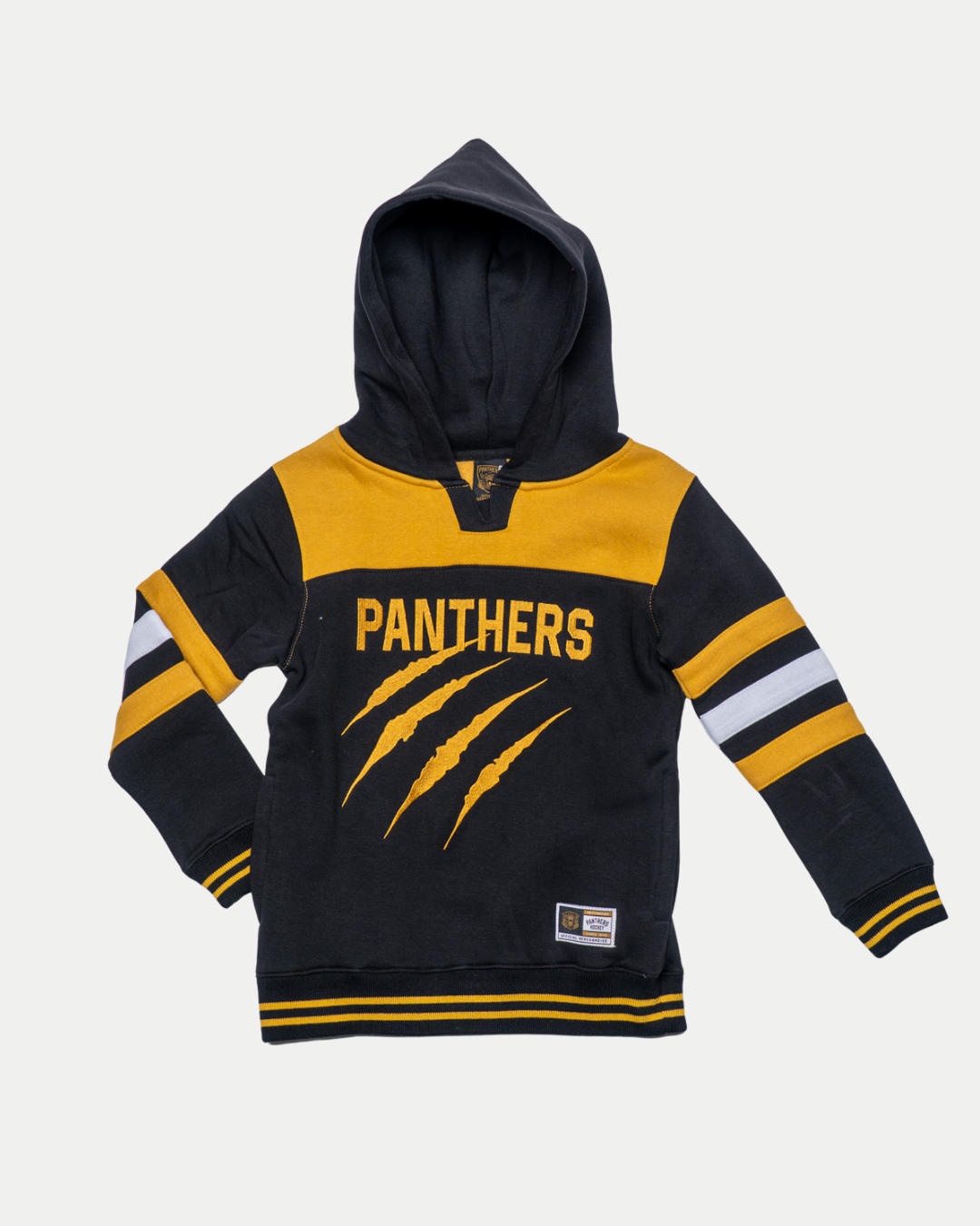 The Kids Nottingham Panthers Claw Lace Hoodie 25-26 by Panthersland features bold black and yellow colors, "PANTHERS" on the front with three yellow claw marks, striped sleeves, and a patch near the waistband—perfect for young fans.