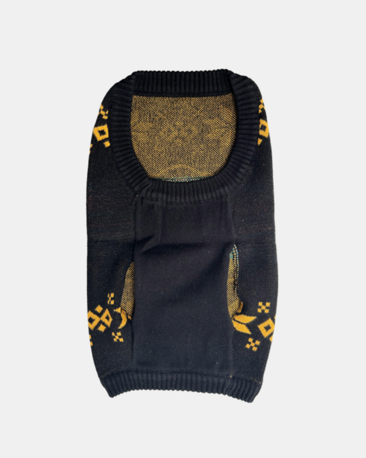 The Panthersland Nottingham Panthers Dog Jumper is a black knit with yellow geometric patterns, head hole, and flat white background—ideal for showing team spirit.