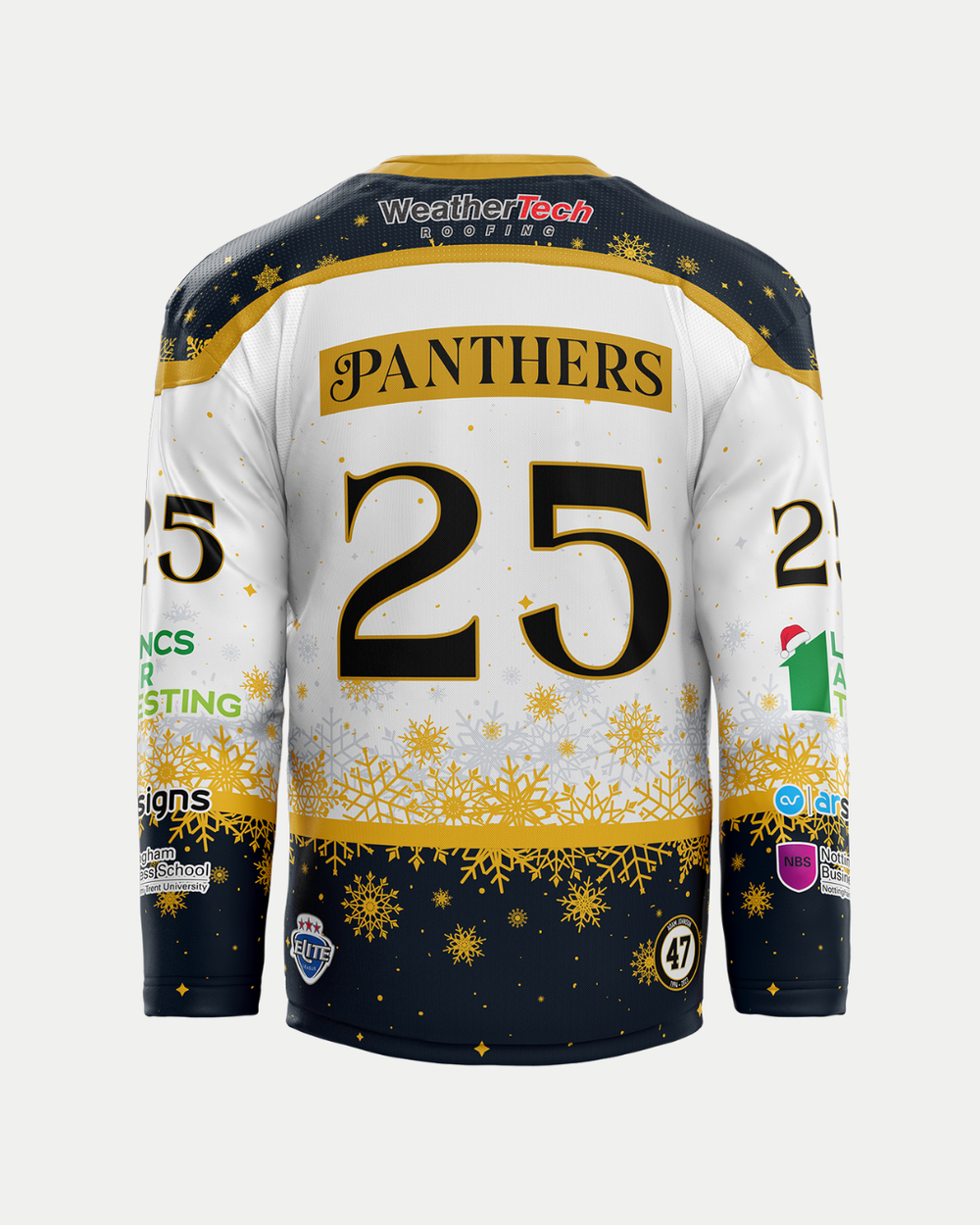 The image shows the back of the Panthersland 2025/26 Classic Team Replica White Christmas Jersey, with a white, black, and gold snowflake design, "PANTHERS" name and number 25 on back and sleeves, plus sponsor logos.