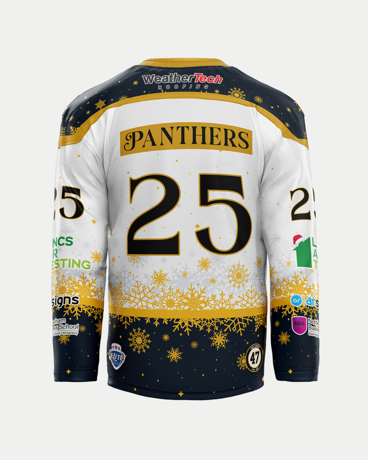 The image shows the back of the Panthersland 2025/26 Classic Team Replica White Christmas Jersey, with a white, black, and gold snowflake design, "PANTHERS" name and number 25 on back and sleeves, plus sponsor logos.