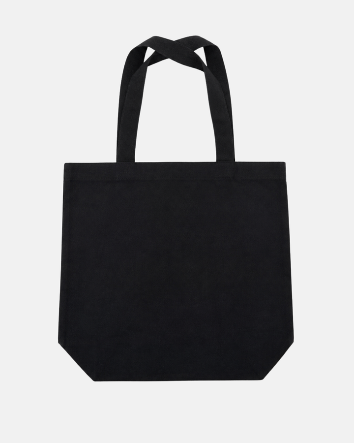 The Panthersland 26-27 Black Crest Tote Bag is a plain black canvas tote with two handles, featuring the Nottingham Panthers crest logo, displayed against a white background.