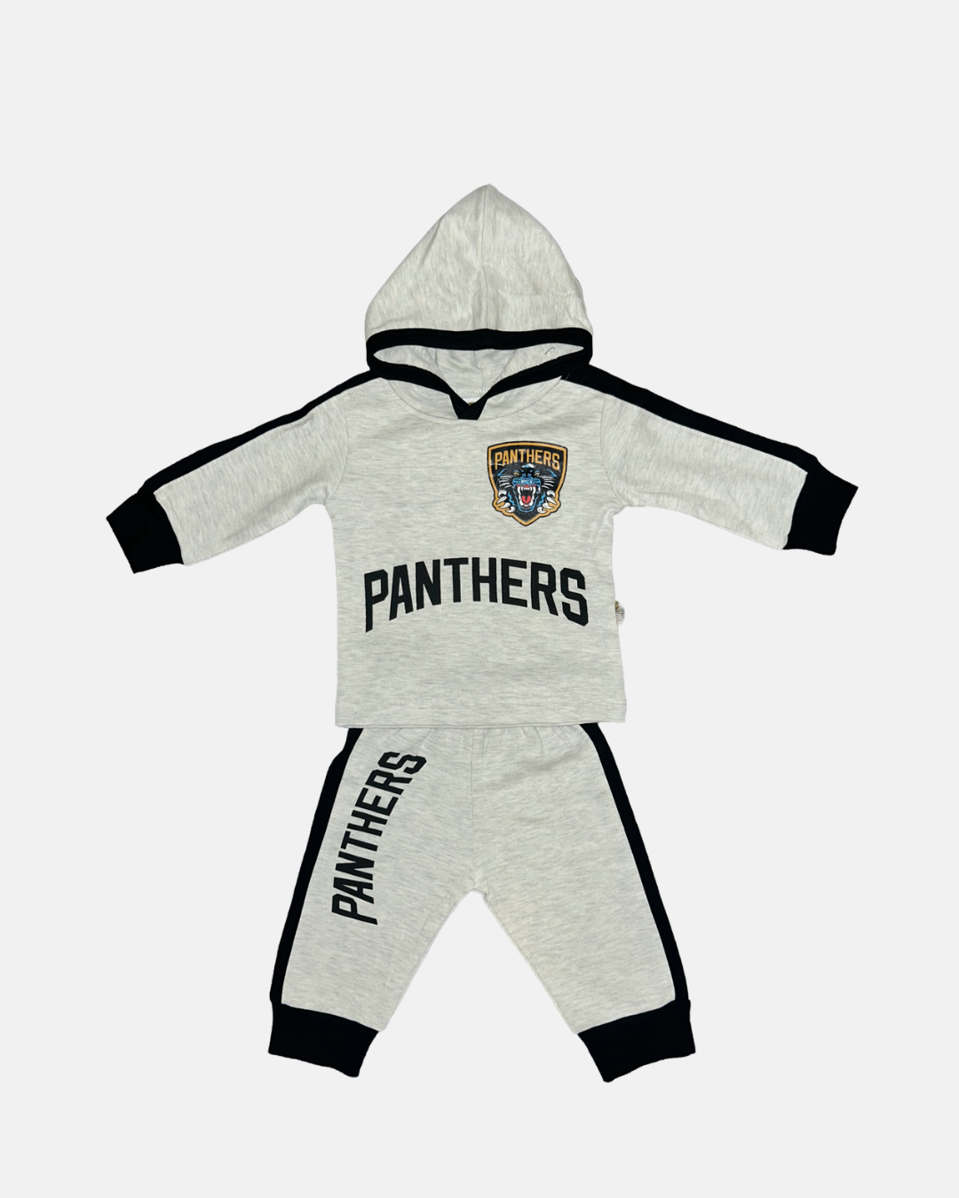 Dress your little one in the Nottingham Panthers Baby Tracksuit from Panthersland—a gray toddler tracksuit with black stripes, featuring a hooded sweatshirt and matching pants. This two-piece set showcases "PANTHERS" in bold black lettering on both the sweatshirt and pants, while the top is finished with a distinctive panther logo patch on the chest.