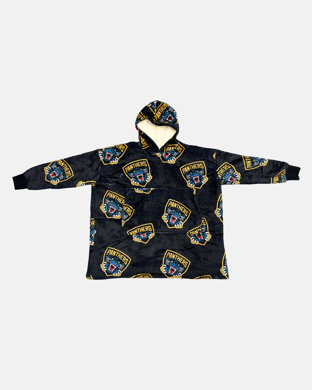 The Panthersland Nottingham Panthers Adult Sherpa Hoodie is a hooded fleece blanket with long sleeves, featuring a dark background covered in multiple yellow and blue Nottingham Panthers logos and panther head patterns.