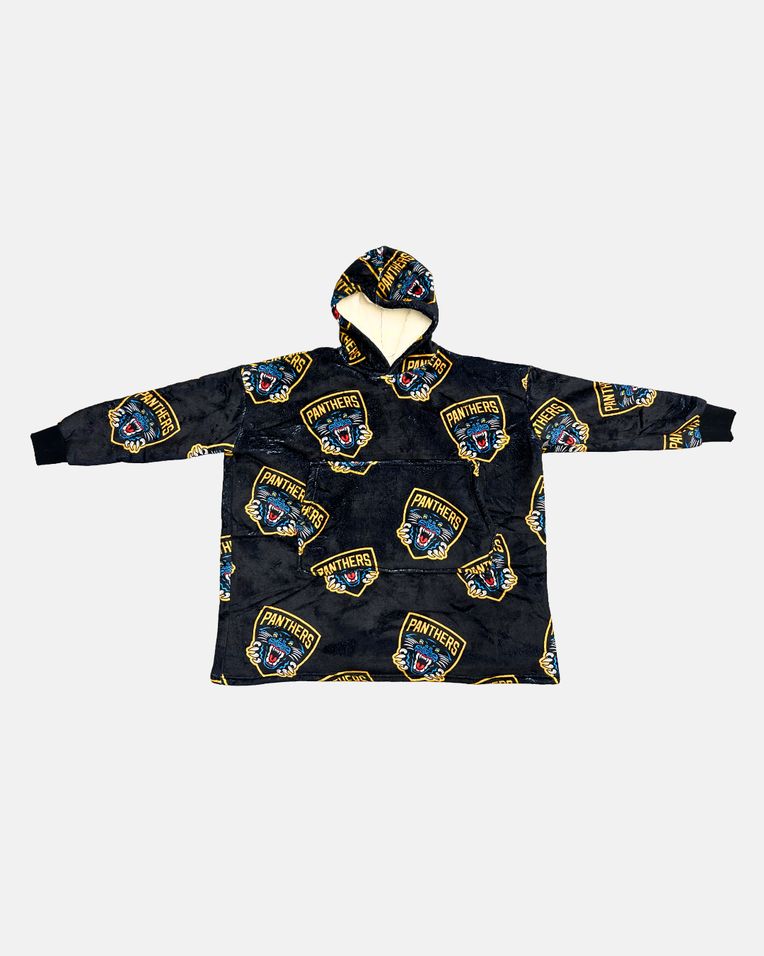The Panthersland Nottingham Panthers Adult Sherpa Hoodie is a hooded fleece blanket with long sleeves, featuring a dark background covered in multiple yellow and blue Nottingham Panthers logos and panther head patterns.