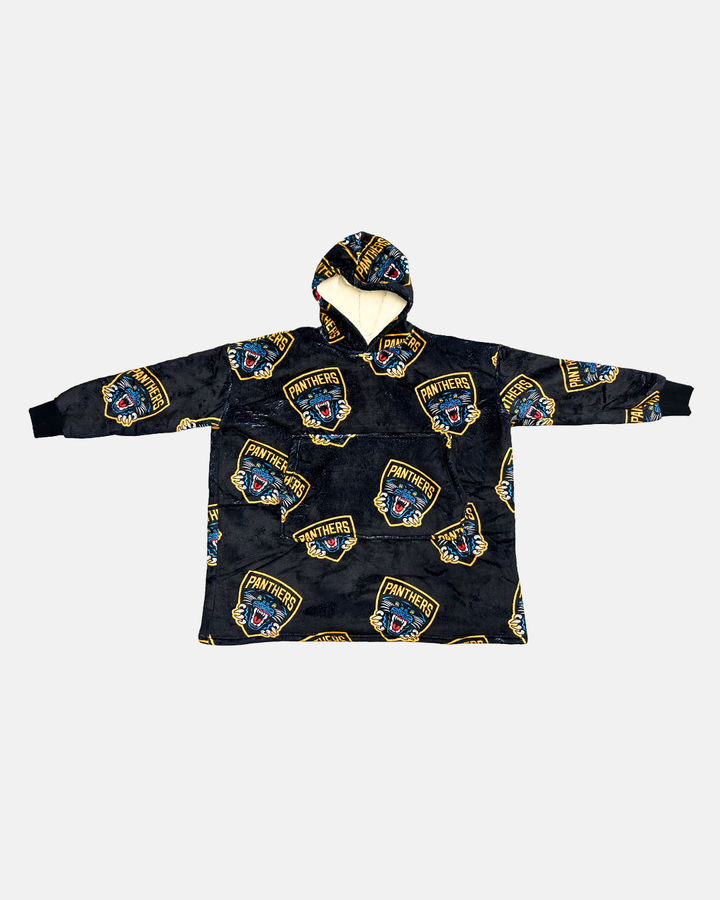 The Panthersland Nottingham Panthers Adult Sherpa Hoodie is a hooded fleece blanket with long sleeves, featuring a dark background covered in multiple yellow and blue Nottingham Panthers logos and panther head patterns.