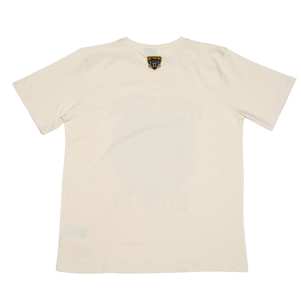 The Panthersland Kids Nottingham Panthers T-shirt in off-white is shown from the back, featuring a small embroidered patch by the neckline. The soft, slightly wrinkled fabric gives it a relaxed look with no other visible designs or text.