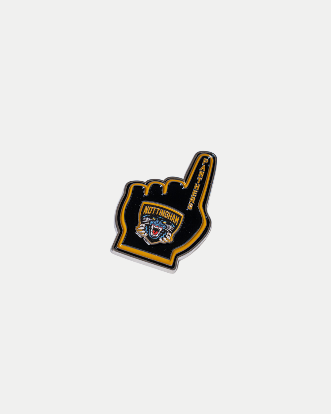 The Nottingham Panthers Foam Finger Pin Badge by Panthersland is a black and gold enamel pin featuring the team logo and the words "NOTTINGHAM" and "GO PANTHERS" on a white background.