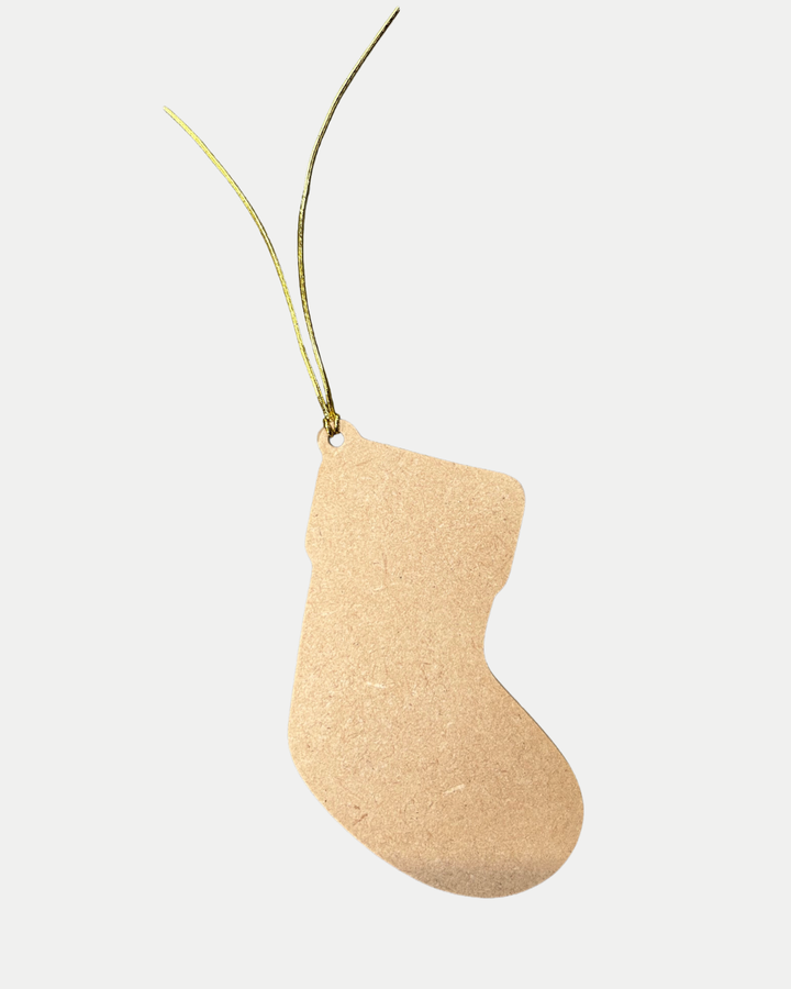 The Panthersland Wooden Stocking Christmas Tree Decoration is a blank, brown, stocking-shaped tag with a gold string at the top, perfect for your tree. Shown against a plain white background.
