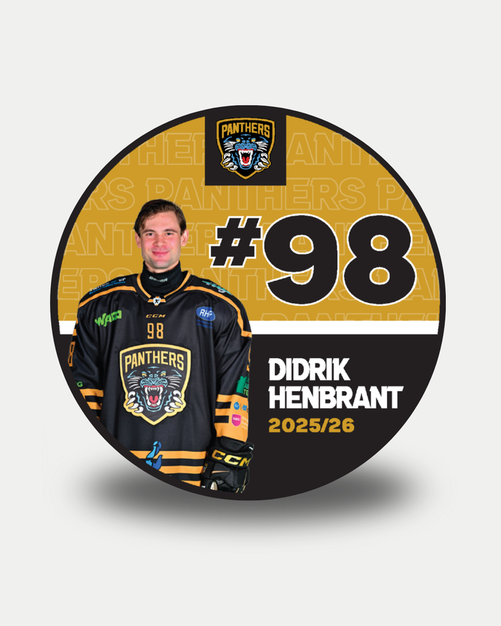 Showcasing the Nottingham Panthers’ Didrik Henbrant (#98) in a black jersey, this limited edition 2025-26 Panthers Player Puck features a gold team logo background and bold text celebrating the new season.