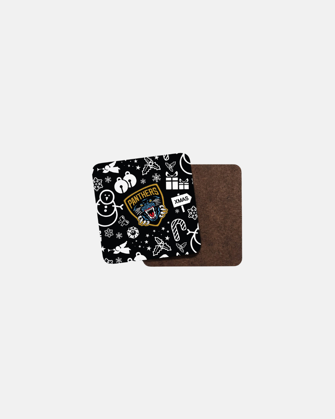 Square Nottingham Panthers Icons Pattern Coaster with a black background, a white holiday-themed pattern of snowflakes, candy canes, and gift boxes, and the team logo centered.