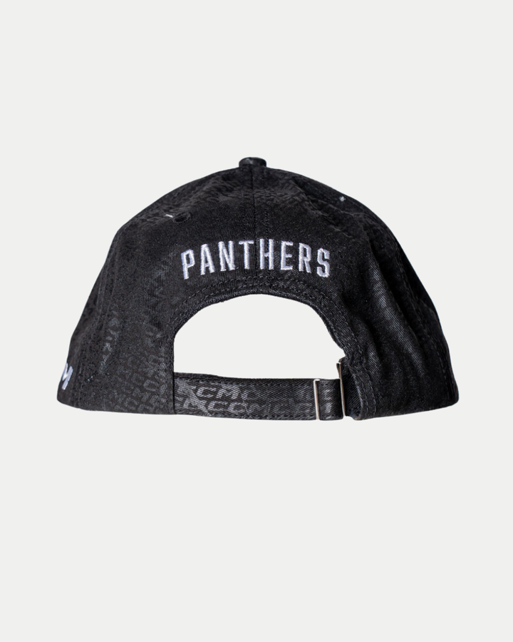 The Nottingham Panthers 25-26 CCM Black Adjustable Cap by Panthersland is shown from the back, with "PANTHERS" embroidered in white above the adjustable strap.