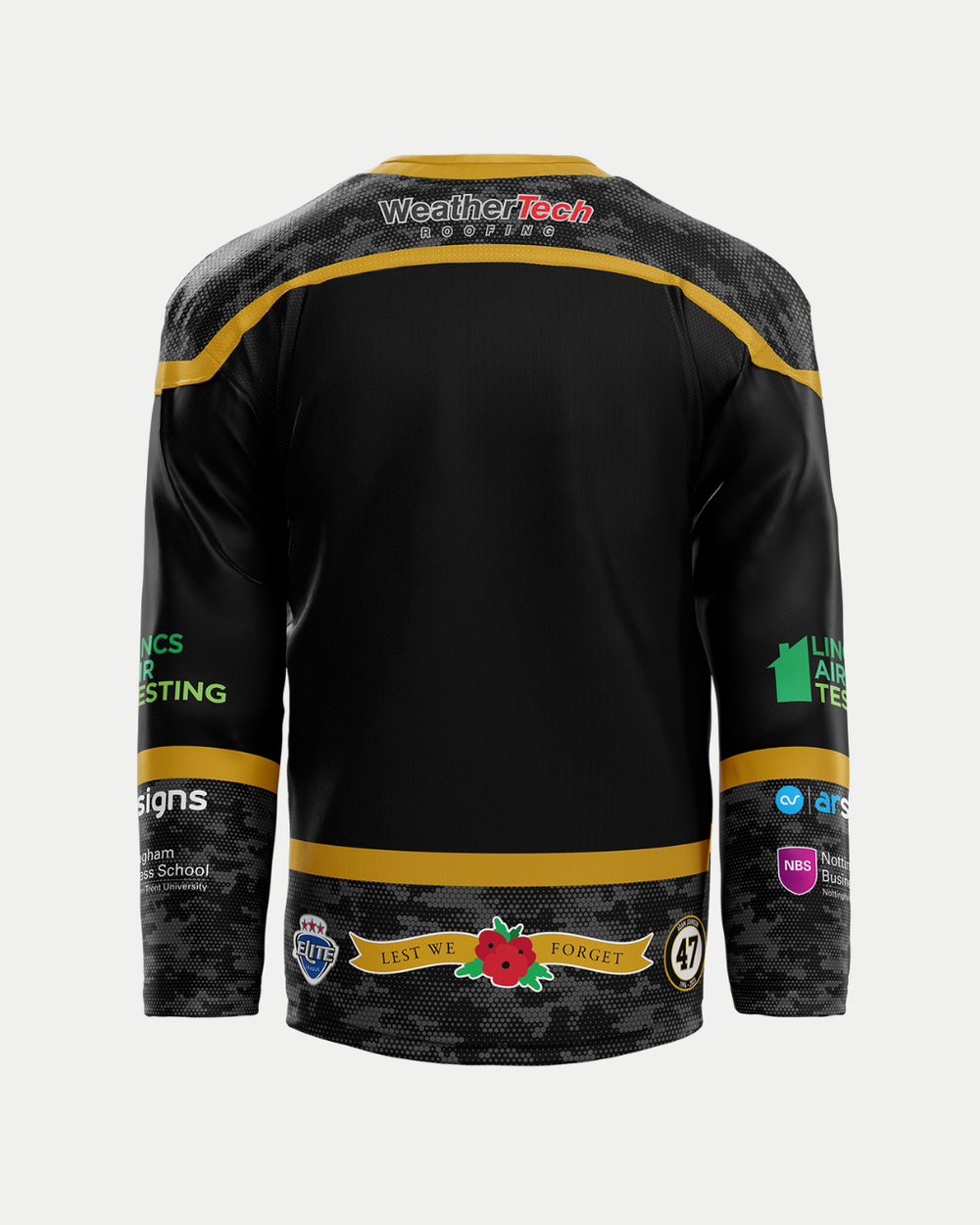 The Panthersland 2025/26 Classic Replica Remembrance Jersey features black sublimated fabric with gold trim, sponsor logos, a Lest We Forget poppy near the hem, number 47, and subtle camo sleeves, viewed from the back.