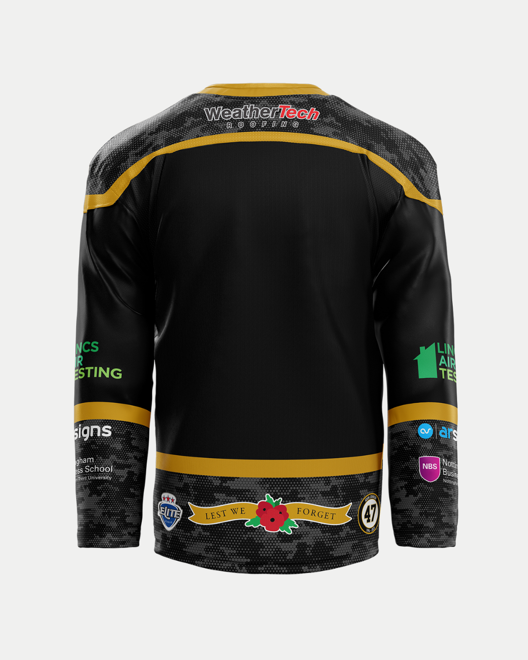 The Panthersland 2025/26 Classic Replica Remembrance Jersey features black sublimated fabric with gold trim, sponsor logos, a Lest We Forget poppy near the hem, number 47, and subtle camo sleeves, viewed from the back.