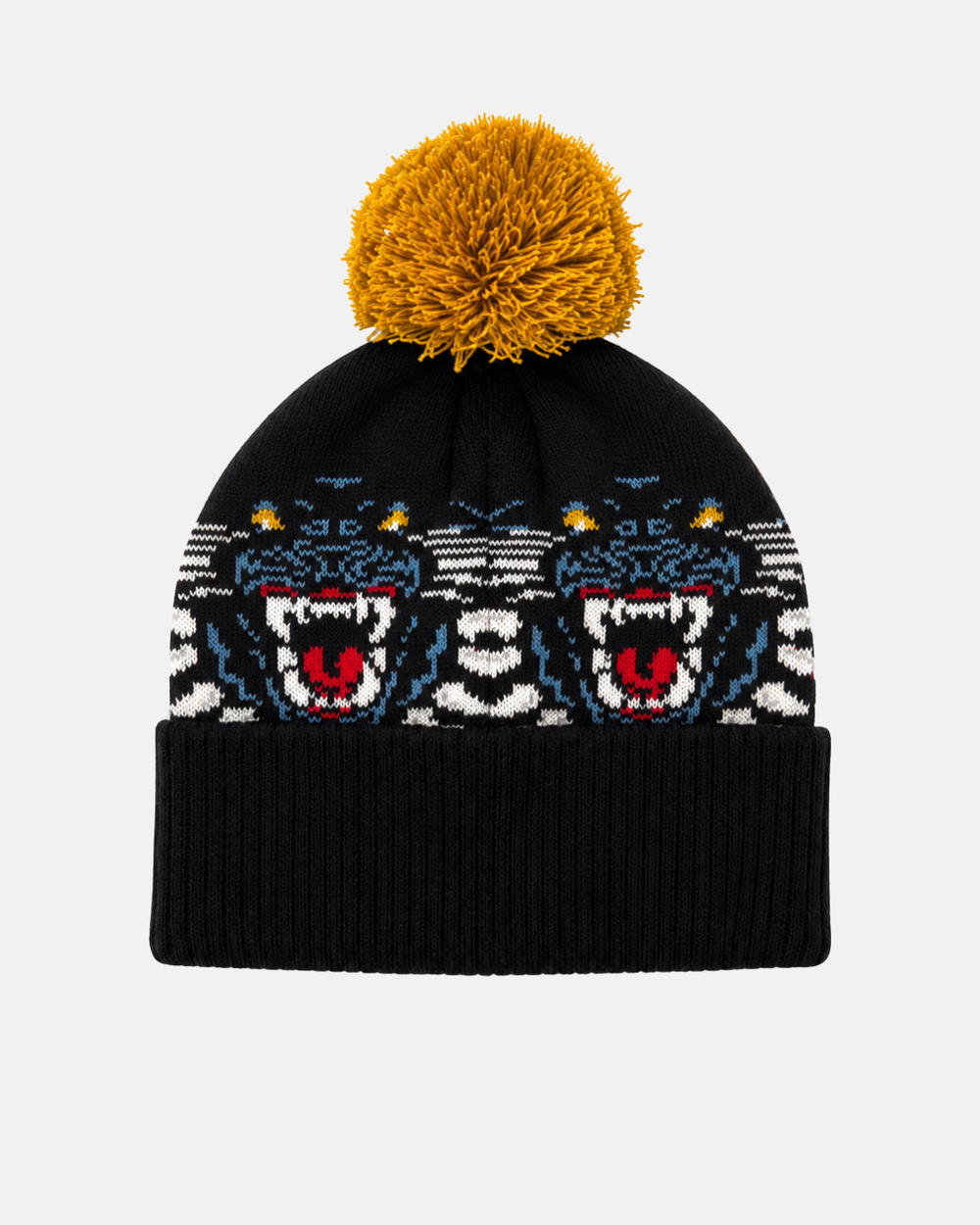 The Panthersland 26-27 Crest Pom Knit is a black knit beanie with a yellow pom-pom, showcasing roaring tiger face patterns and white accents on the front—perfect for fans seeking a bold Nottingham Panthers look.