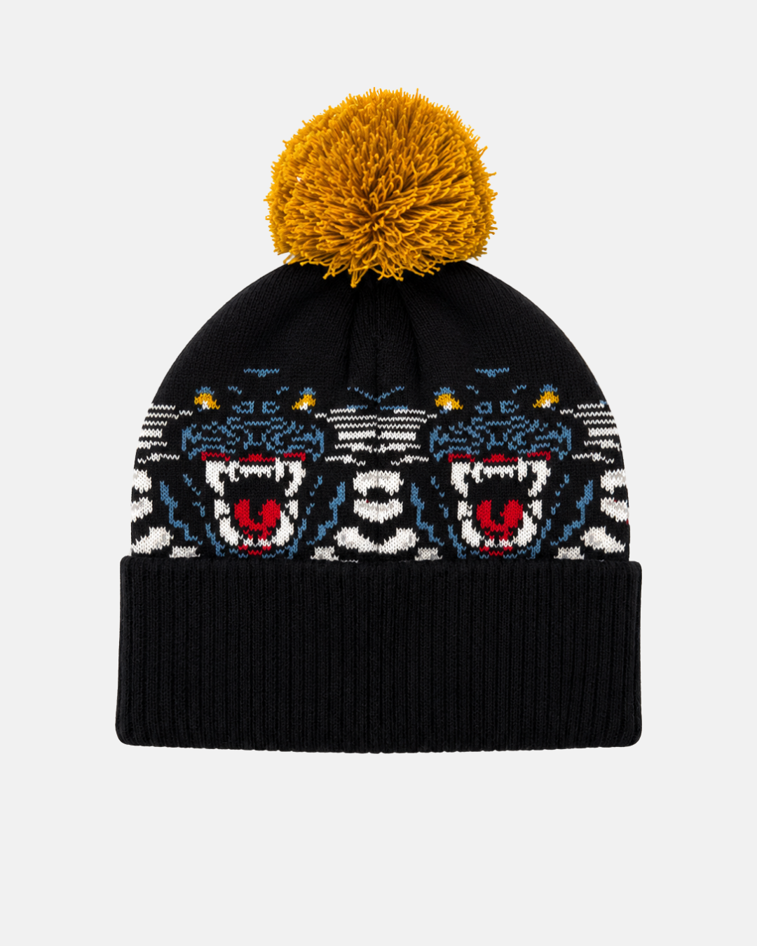 The Panthersland 26-27 Crest Pom Knit is a black knit beanie with a yellow pom-pom, showcasing roaring tiger face patterns and white accents on the front—perfect for fans seeking a bold Nottingham Panthers look.