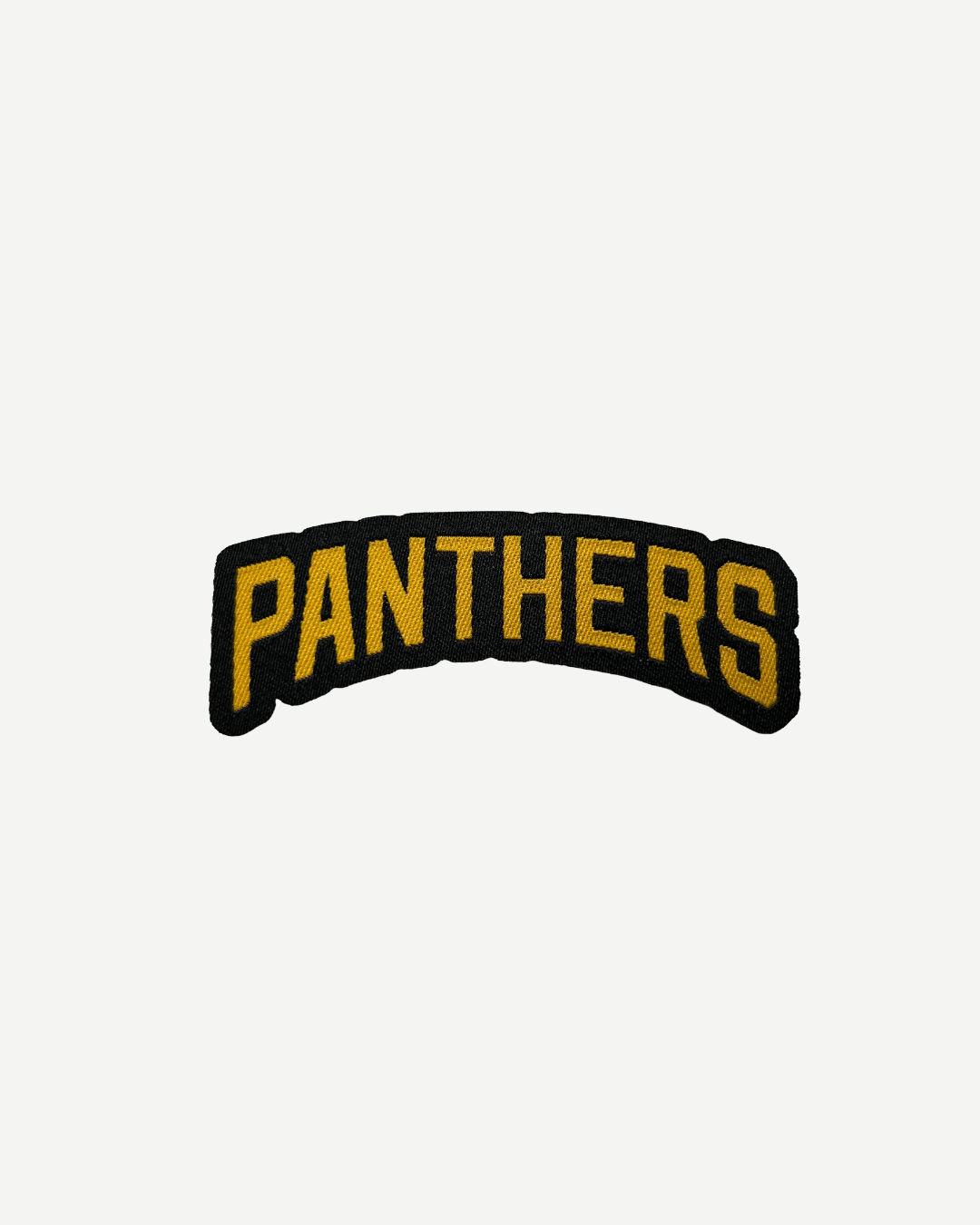 The Nottingham Panthers Team Text Patch by Panthersland features bold yellow "PANTHERS" lettering on black, curved upward—a stylish iron-on for jackets or bags.