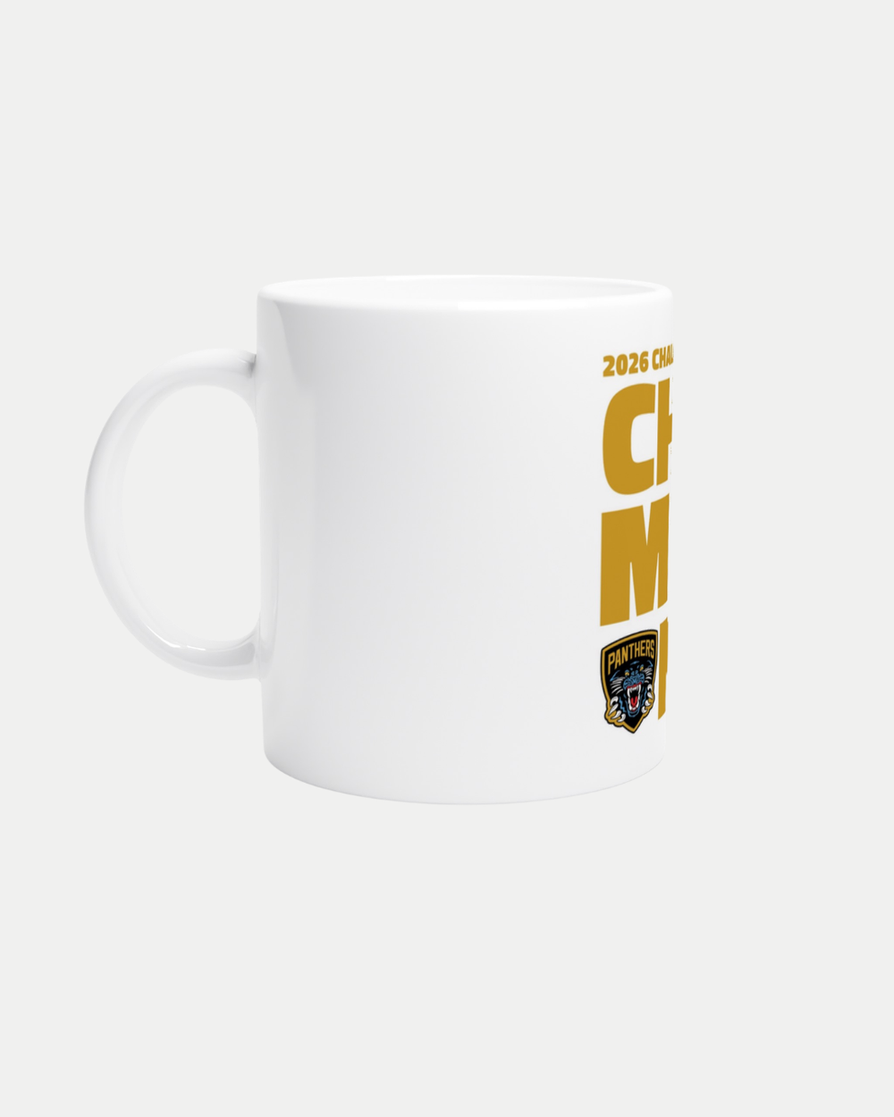 The Nottingham Panthers 2026 Challenge Cup Champions White 11oz Ceramic Mug features partial gold “2026 CHAM...” text, a panther head logo on the right, and a left-side handle. It’s dishwasher/microwave safe and made to order for style and practicality.