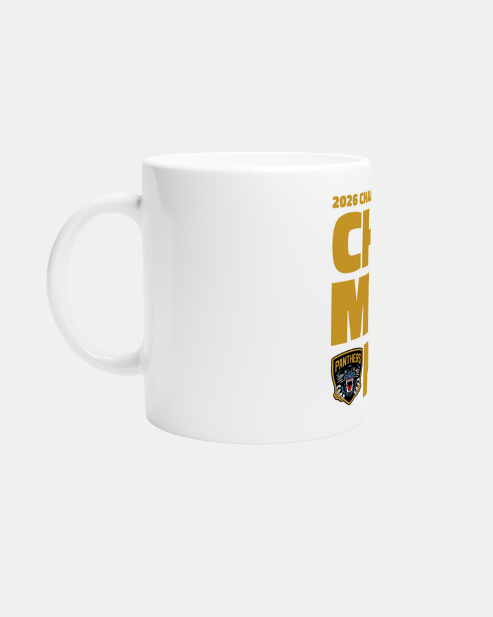The Nottingham Panthers 2026 Challenge Cup Champions White 11oz Ceramic Mug features partial gold “2026 CHAM...” text, a panther head logo on the right, and a left-side handle. It’s dishwasher/microwave safe and made to order for style and practicality.