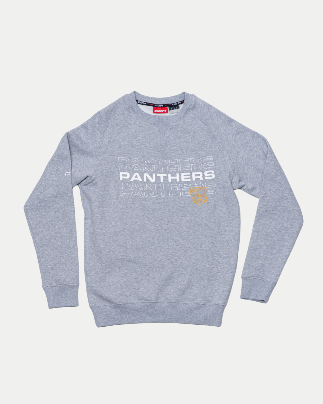 The Panthersland Nottingham Panthers 25-26 CCM Grey Sweater features “PANTHERS” repeated in white, with a bold yellow “PANTHERS” and a stylized yellow panther face on the front.