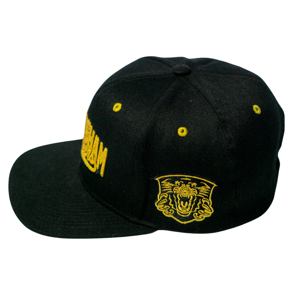The Panthersland Nottingham Panthers 25-26 Script Snapback Cap features a black design with gold embroidery, a roaring tiger head on the side, and partially visible yellow script on the front.