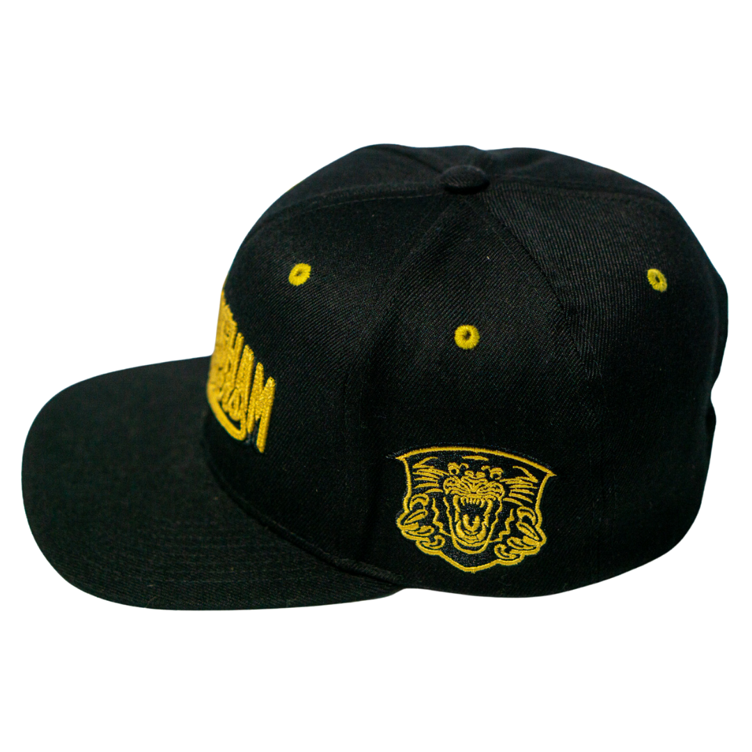 The Panthersland Nottingham Panthers 25-26 Script Snapback Cap features a black design with gold embroidery, a roaring tiger head on the side, and partially visible yellow script on the front.