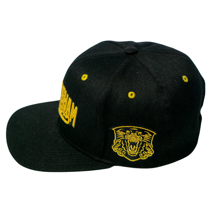 The Panthersland Nottingham Panthers 25-26 Script Snapback Cap features a black design with gold embroidery, a roaring tiger head on the side, and partially visible yellow script on the front.