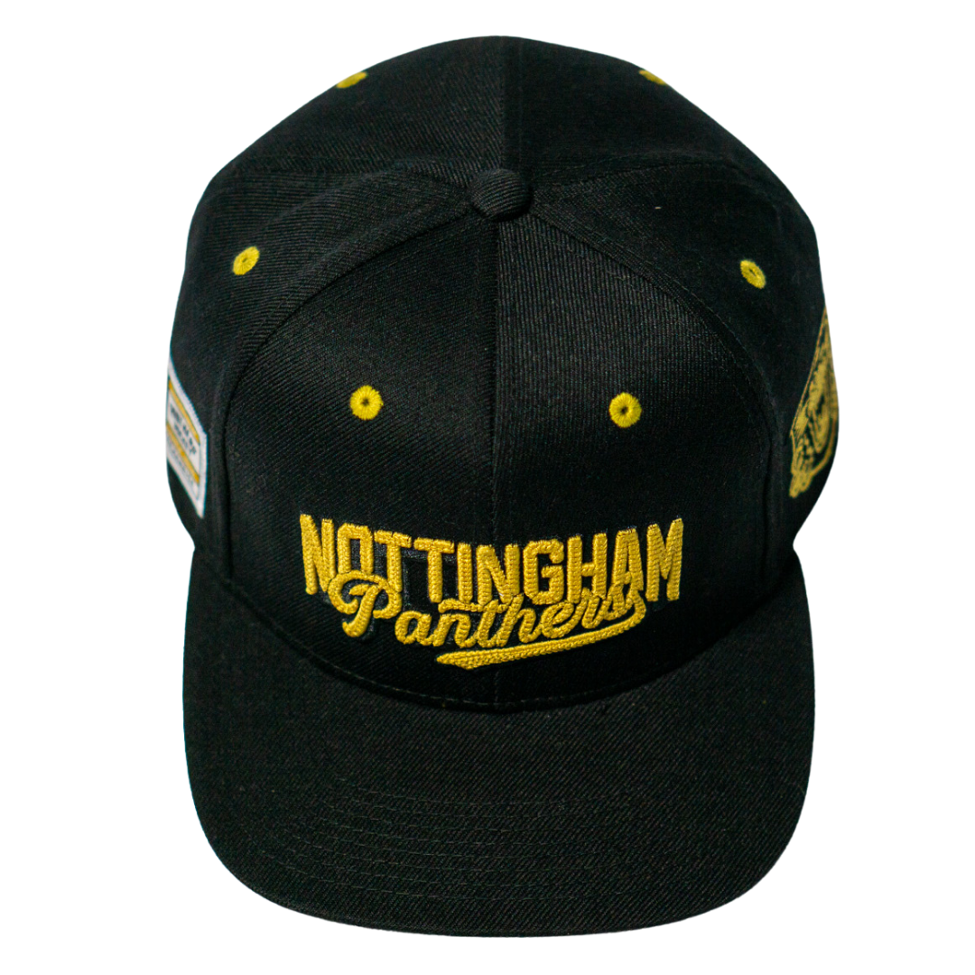 The Panthersland Nottingham Panthers 25-26 Script Snapback Cap features black fabric, yellow accents, and bold gold Nottingham Panthers embroidery on the front.