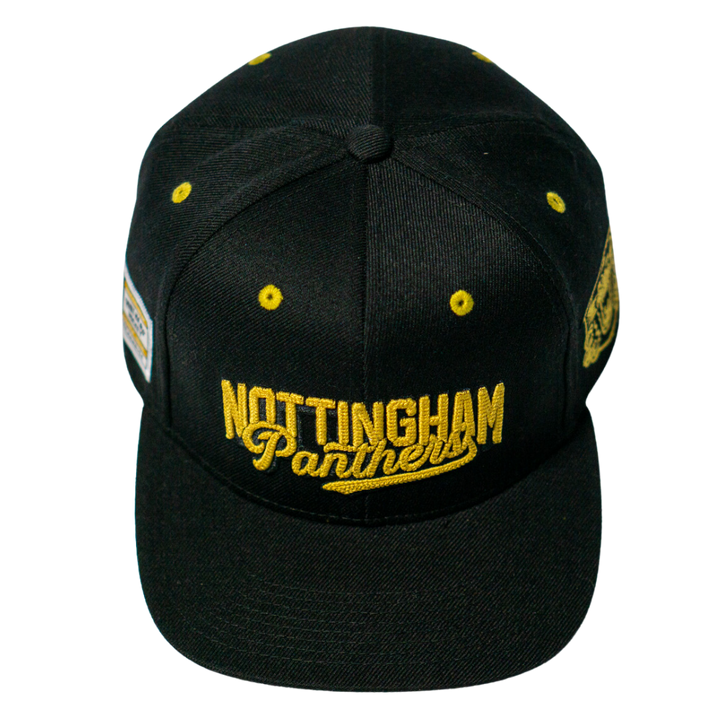 The Panthersland Nottingham Panthers 25-26 Script Snapback Cap features black fabric, yellow accents, and bold gold Nottingham Panthers embroidery on the front.