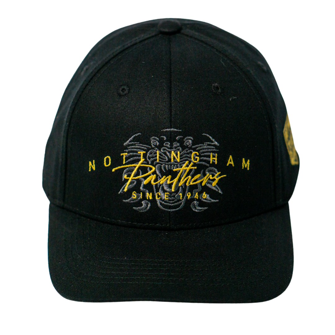 The Panthersland Nottingham Panthers Signature Cap 25-26 features Since 1946 embroidered in yellow and white, a subtle panther face on black, a yellow side patch, and an adjustable fit—perfect for any fan.