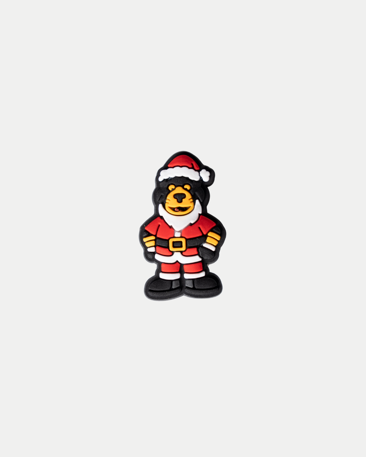 The Panthersland Santa Paws Croc Charm features a cartoon bear in a red Santa outfit on a white background—ideal for fans of Santa Paws or the Nottingham Panthers.