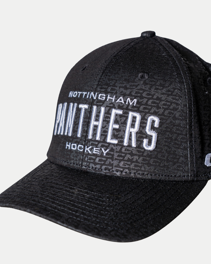 The Panthersland Nottingham Panthers 25-26 CCM Black Adjustable Cap features "Nottingham Panthers Hockey" embroidered in large white letters on the front, with a curved brim and visible stitching.