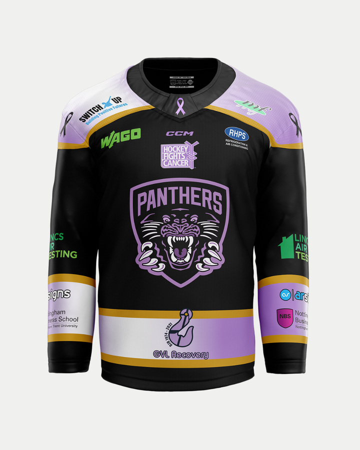 The Panthersland 2025/26 Classic Replica Hockey Fights Cancer Jersey is black with purple and white accents, a roaring panther logo, PANTHERS text, sponsor logos, awareness ribbons, and the Nottingham Hospitals Charity emblem.