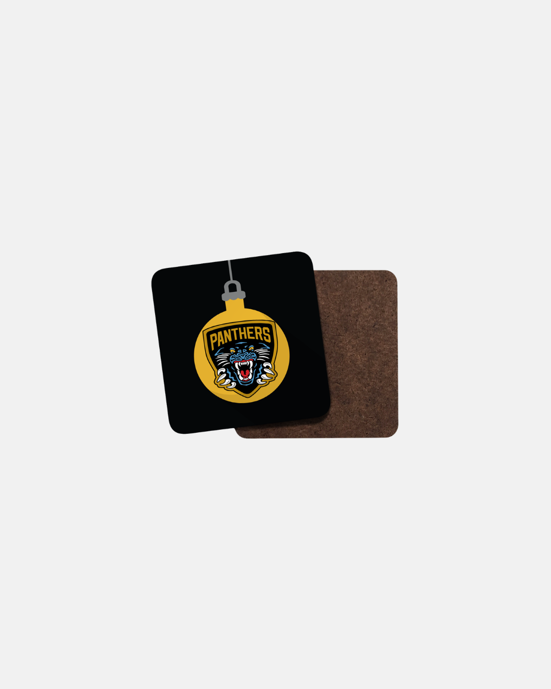Nottingham Panthers Bauble Coaster featuring a yellow Christmas ornament graphic with a panther mascot logo and the text PANTHERS inside a black square.