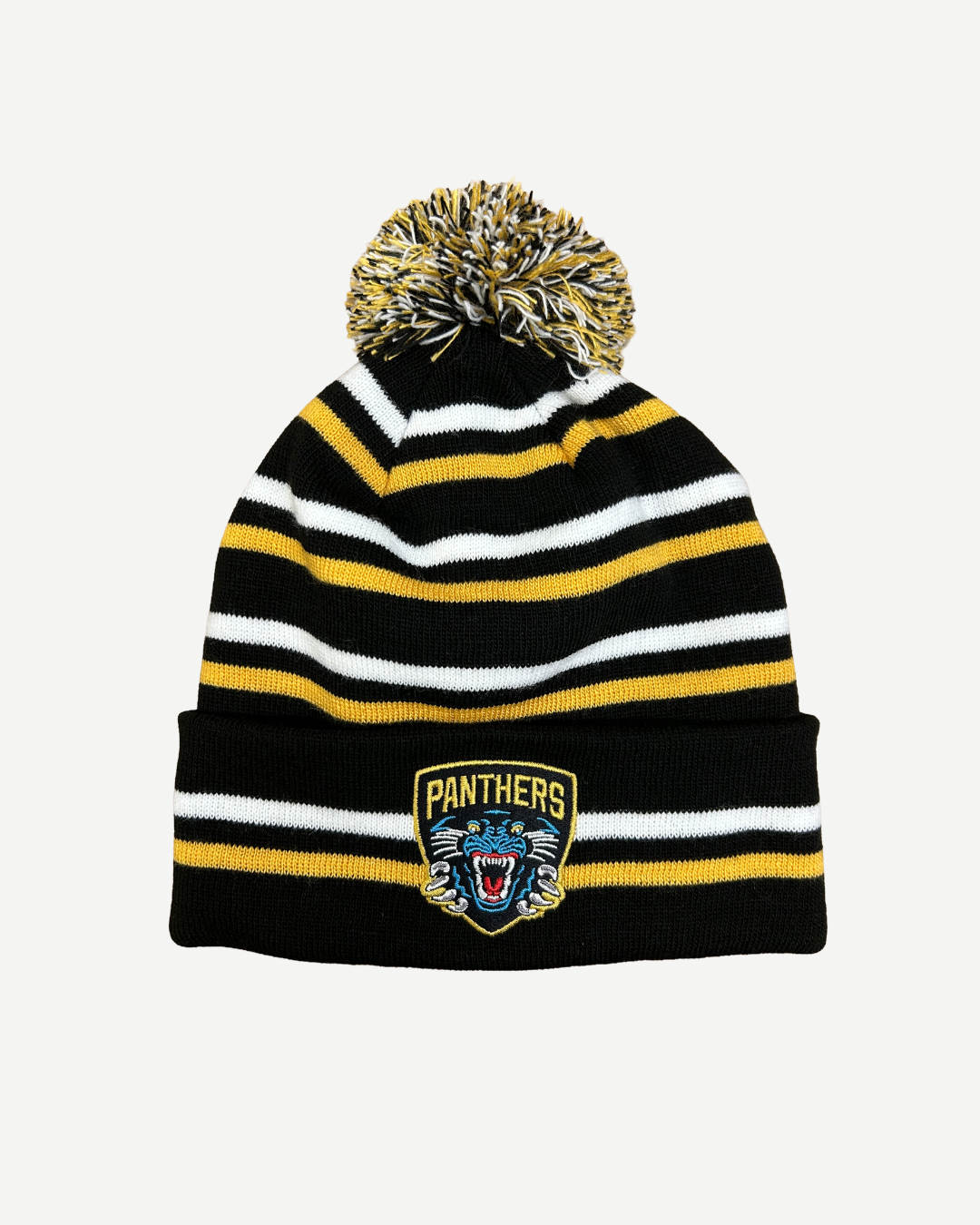 Show your Nottingham Panthers pride with the 2026 Striped Pom Knit by Panthersland—a black, yellow, and white beanie featuring a pom-pom and folded brim patch with a roaring panther and "Panthers" text.