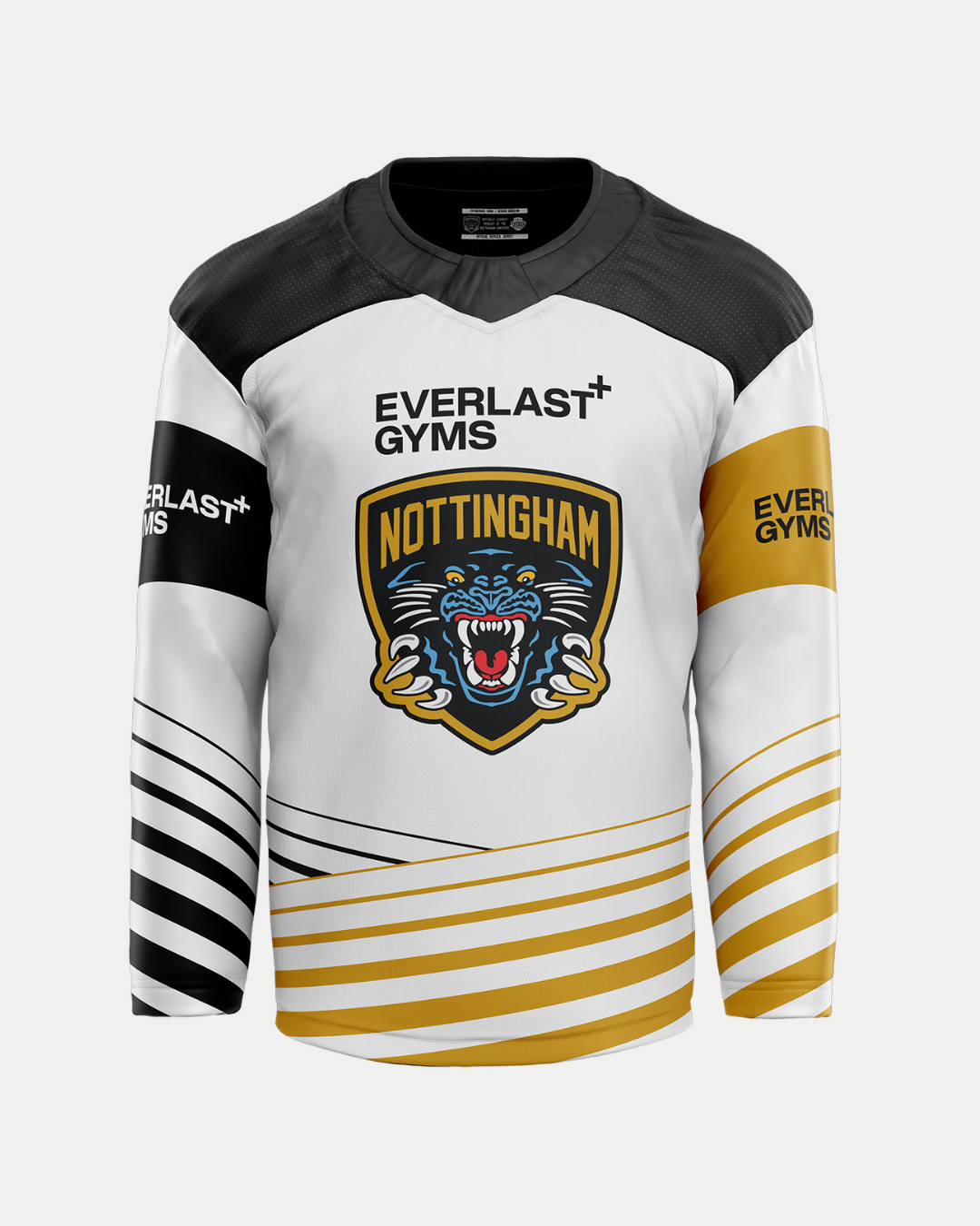 The Panthersland 2025/26 Classic Team Replica Away Warm-Up Jersey features black and gold diagonal stripes, a large Nottingham Panthers logo, black shoulders, and Everlast Gyms sponsor logos—also available as custom jerseys.