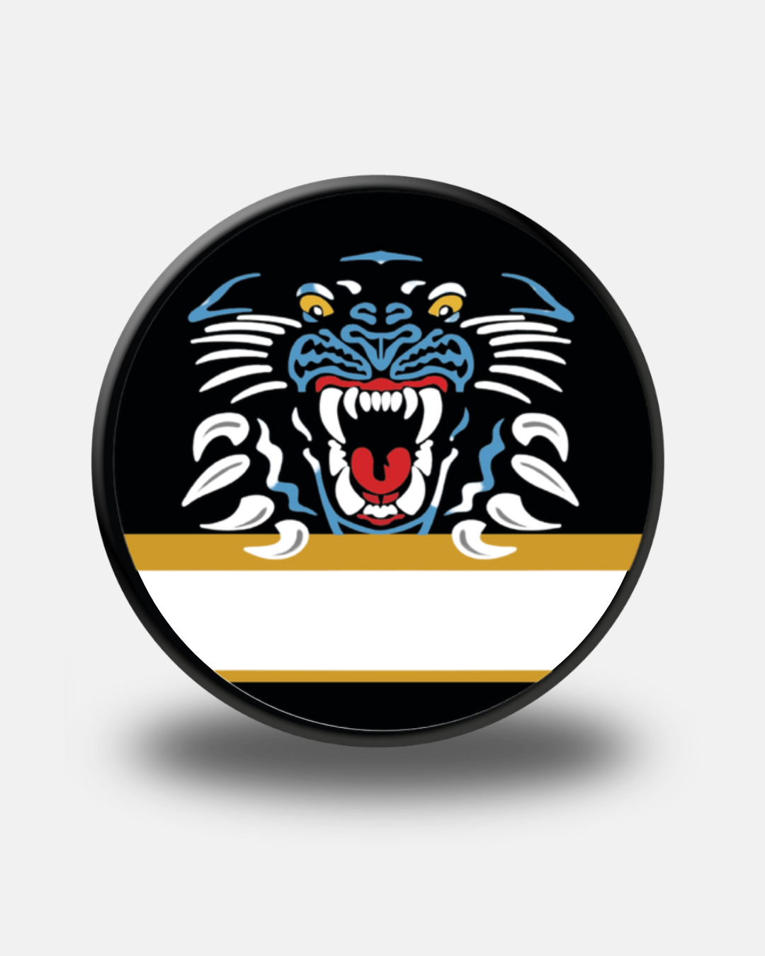 The Panthersland Nottingham Panthers 26-27 Autograph Puck showcases a collectible design featuring a roaring black panther logo with blue and white accents, striking yellow eyes, a gold and white stripe below, and a plain background—an ideal addition for any fan of Nottingham Panthers merchandise.