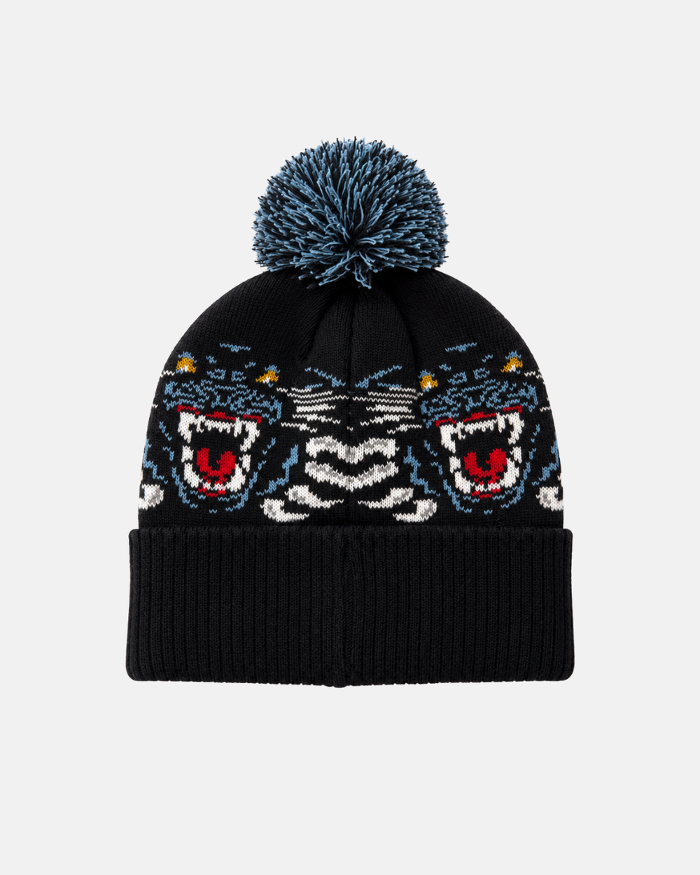 Stay warm and show your Nottingham Panthers pride with the Panthersland 26-27 Jacquard Pom Knit—a black beanie topped with a blue and white pom-pom, featuring a bold tiger face design in blue, white, yellow, and red across the front.