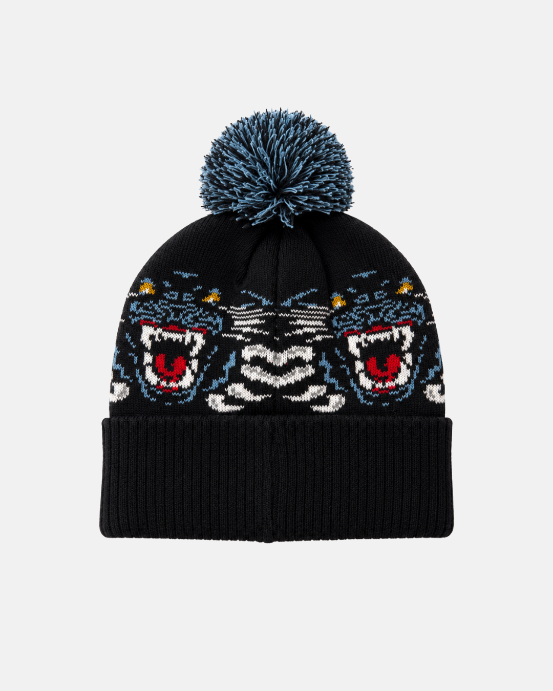 Stay warm and show your Nottingham Panthers pride with the Panthersland 26-27 Jacquard Pom Knit—a black beanie topped with a blue and white pom-pom, featuring a bold tiger face design in blue, white, yellow, and red across the front.