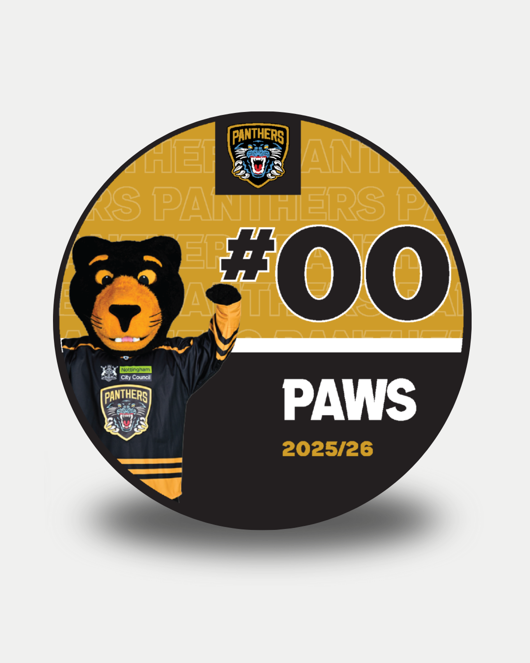 A circular graphic shows the Nottingham Panthers’ black panther mascot in a Panthers jersey, with ice hockey pucks and #00 PAWS 2025/26 on a gold and black background. Grab the limited edition 2025-26 Panthers Player Pucks by Nottingham Panthers!.