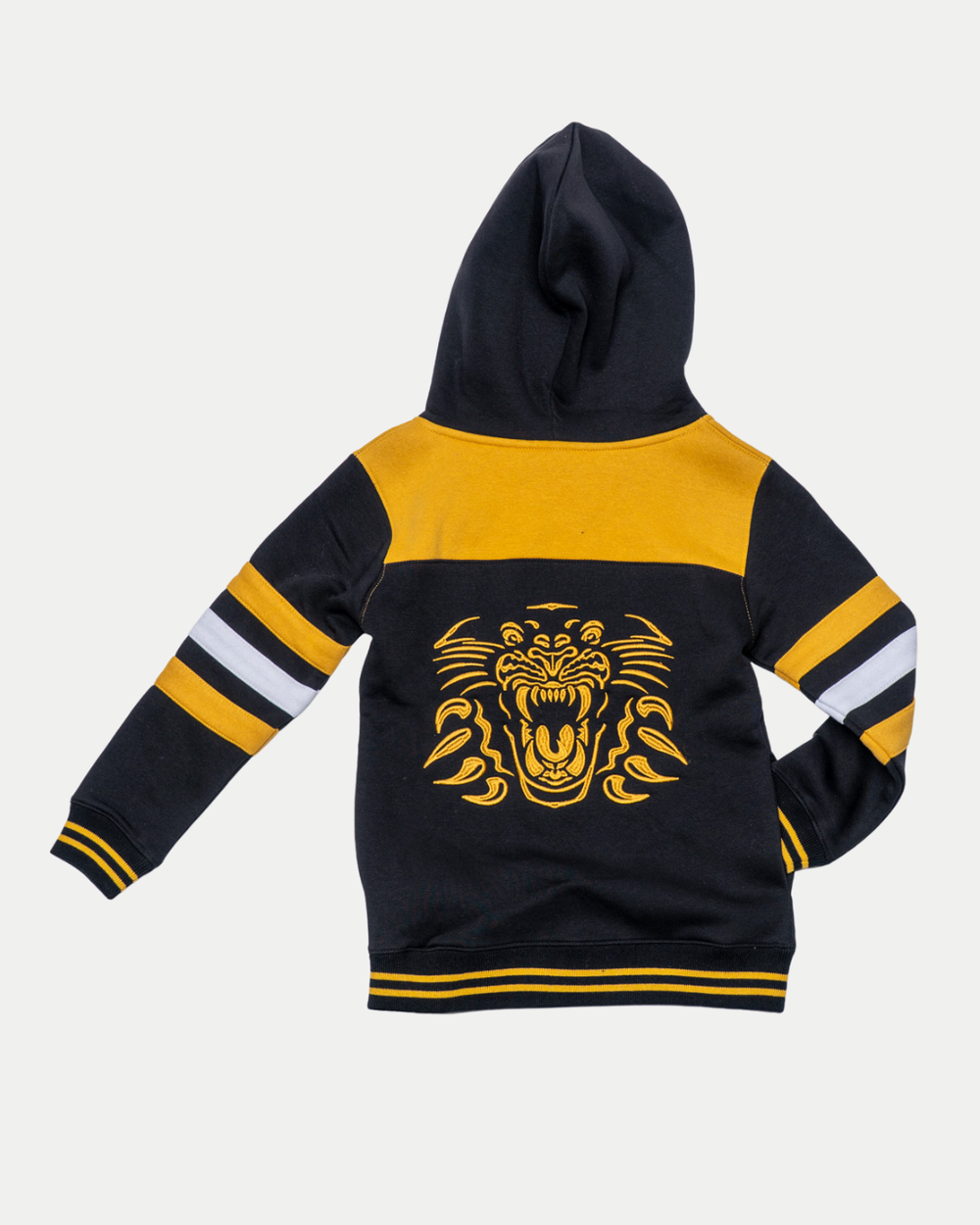 The Kids Nottingham Panthers Claw Lace Hoodie 25-26 by Panthersland features bold black and yellow colors, white and yellow sleeve stripes, and a large roaring tiger graphic—perfect for fans who love standout style.